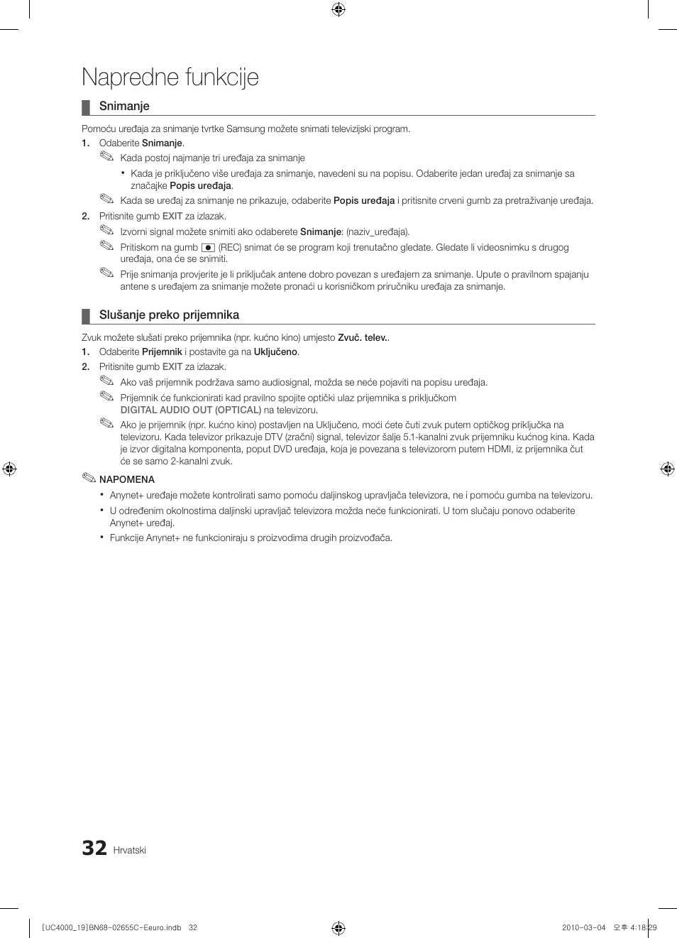 Napredne funkcije | Samsung UE32C4000PW User Manual | Page 242 / 421