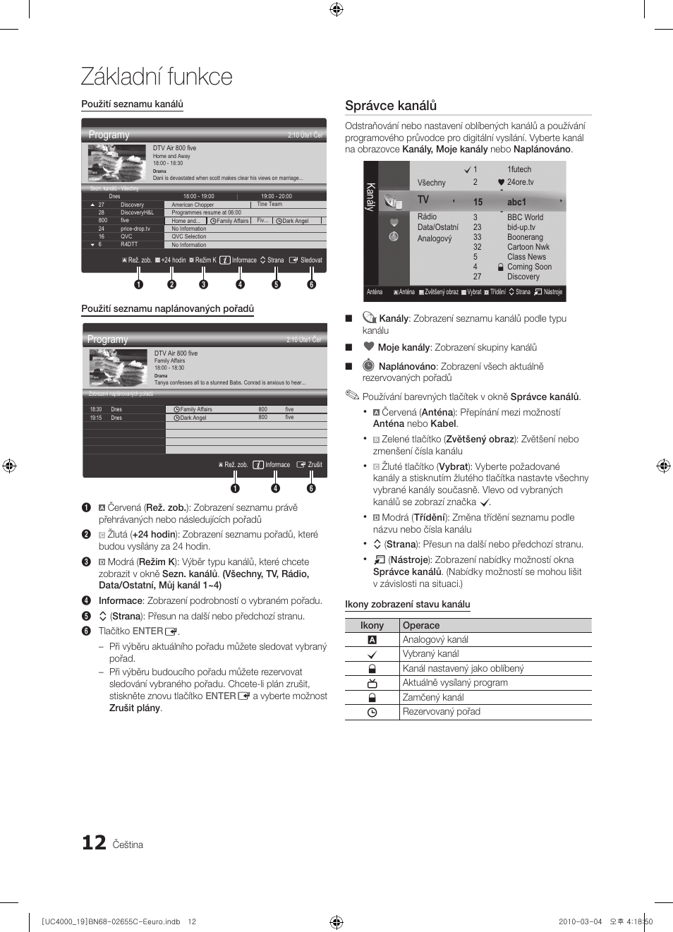 Základní funkce, Správce kanálů | Samsung UE32C4000PW User Manual | Page 264 / 421