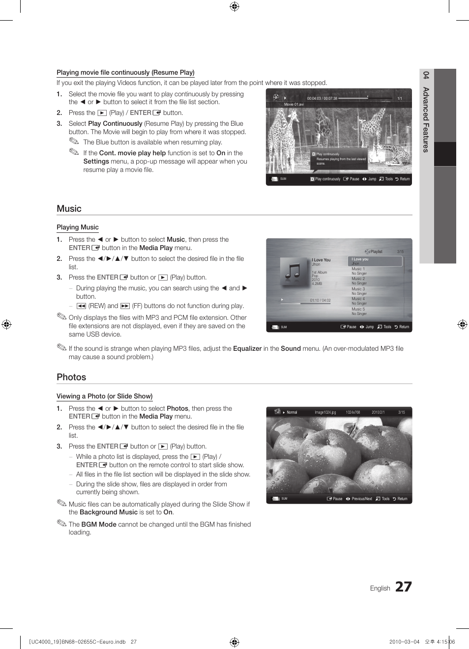 Music, Photos | Samsung UE32C4000PW User Manual | Page 27 / 421
