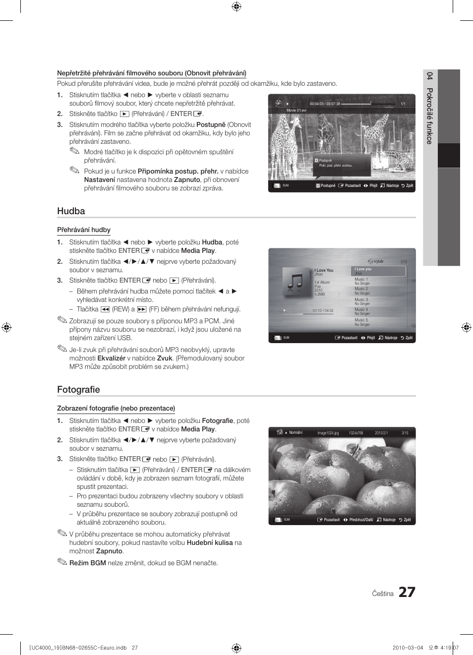Hudba, Fotografie | Samsung UE32C4000PW User Manual | Page 279 / 421