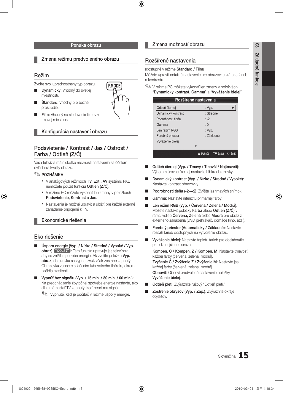 Režim, Eko riešenie, Rozšírené nastavenia | Samsung UE32C4000PW User Manual | Page 309 / 421