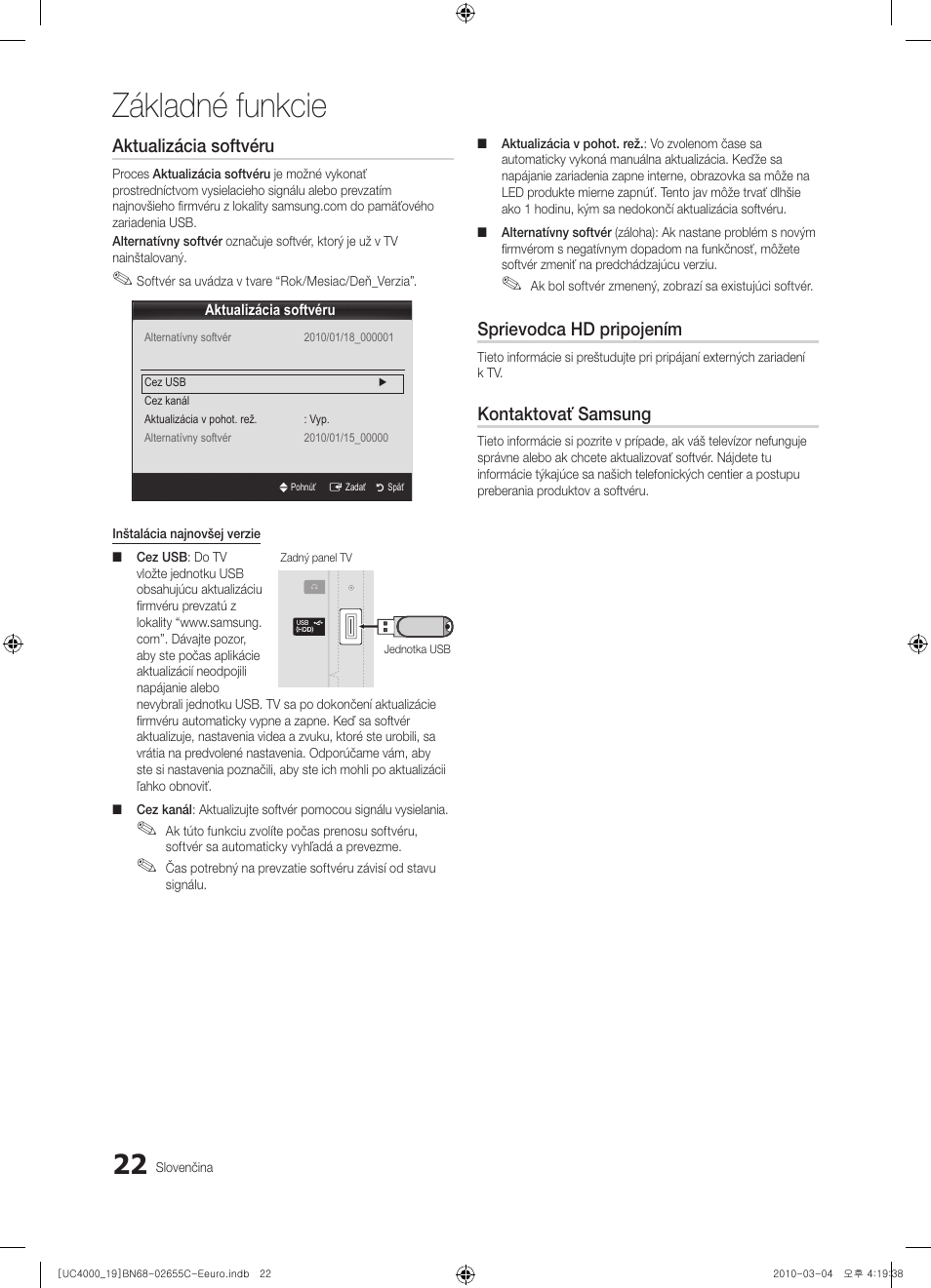 Základné funkcie, Aktualizácia softvéru, Sprievodca hd pripojením | Kontaktovať samsung | Samsung UE32C4000PW User Manual | Page 316 / 421