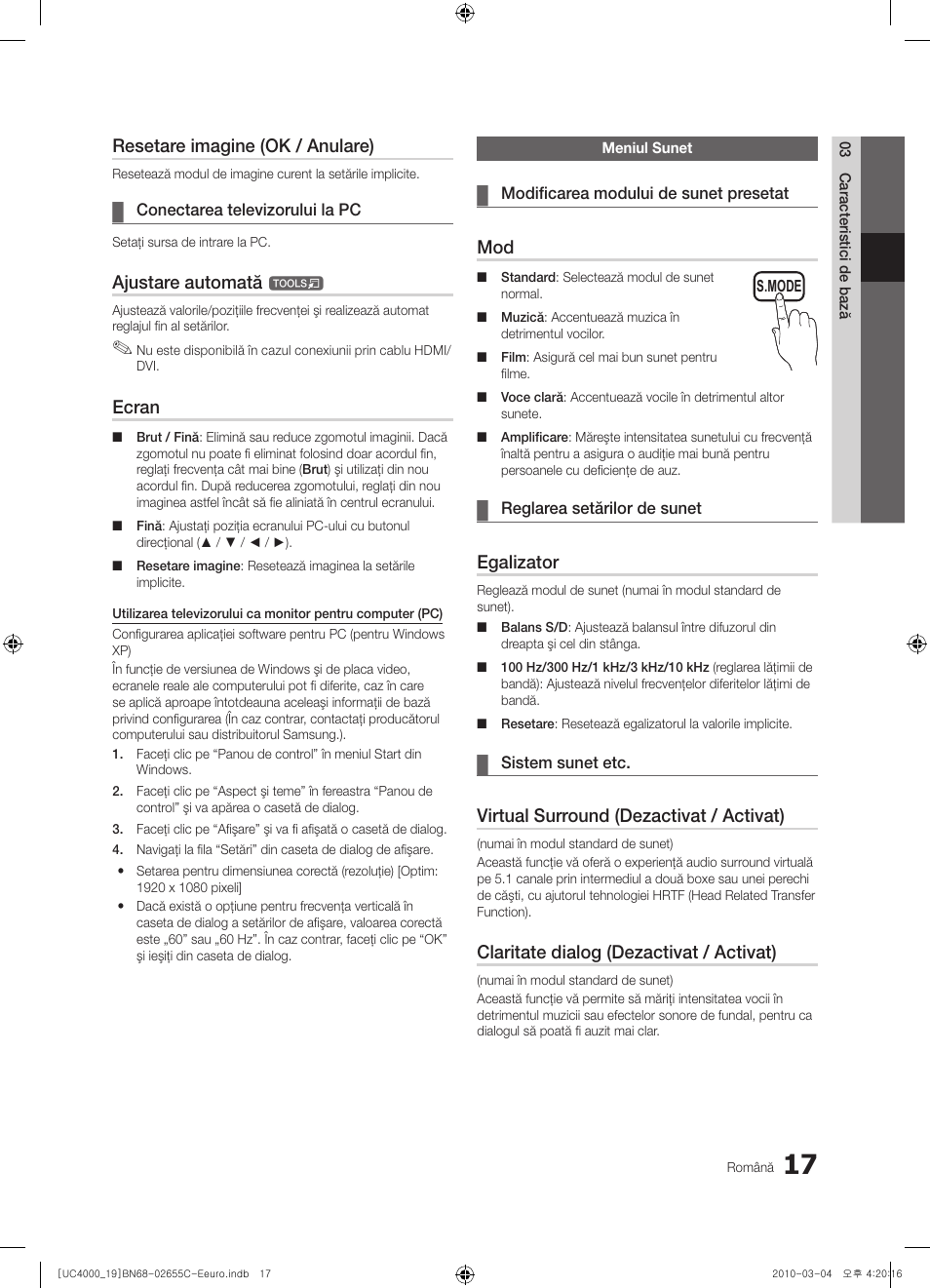 Resetare imagine (ok / anulare), Ajustare automată, Ecran | Egalizator, Virtual surround (dezactivat / activat), Claritate dialog (dezactivat / activat) | Samsung UE32C4000PW User Manual | Page 353 / 421