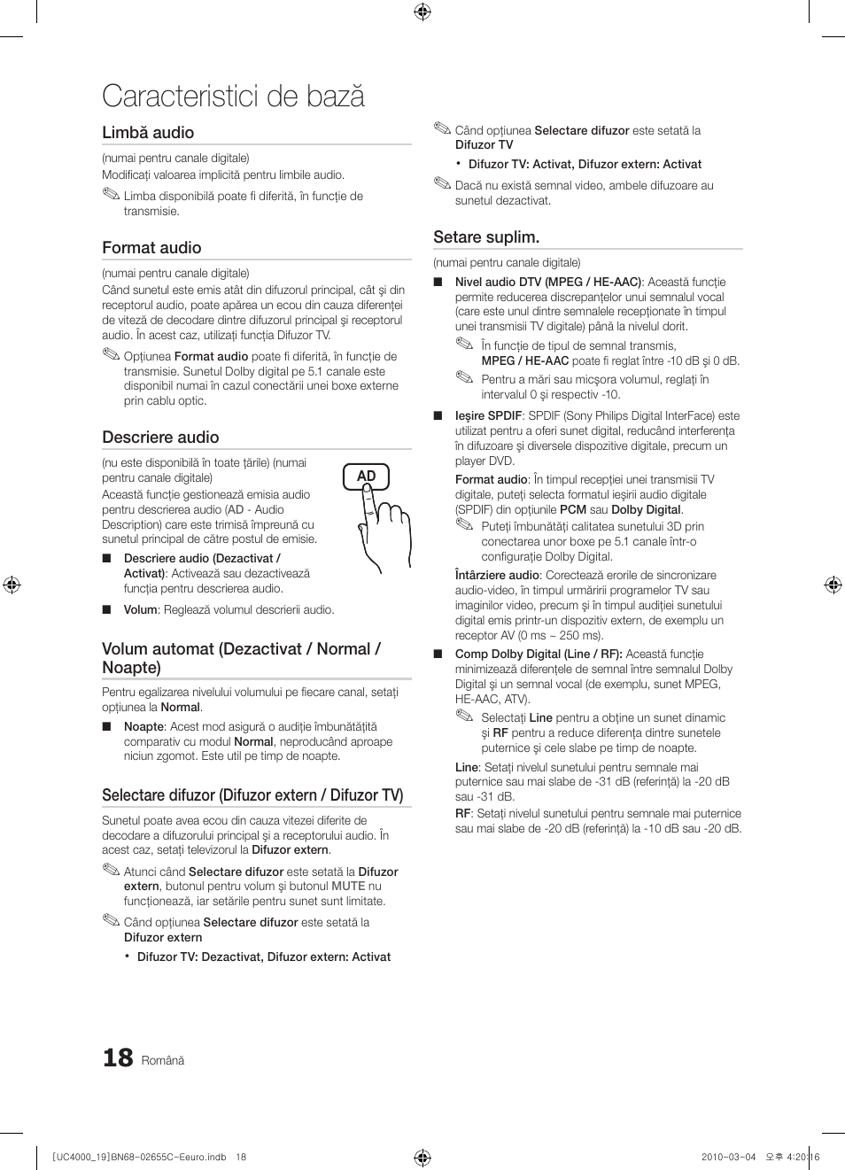 Caracteristici de bază | Samsung UE32C4000PW User Manual | Page 354 / 421