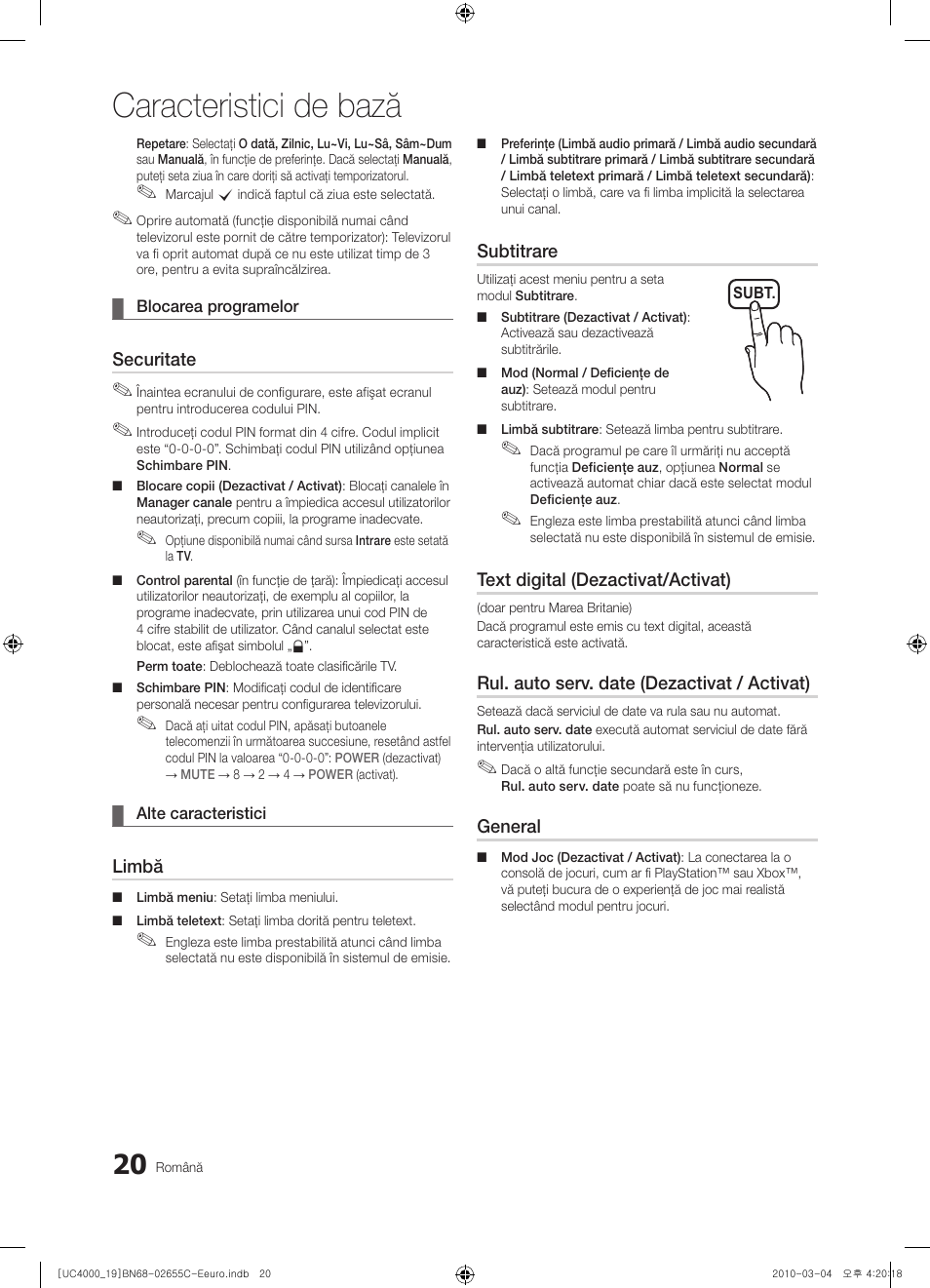 Caracteristici de bază | Samsung UE32C4000PW User Manual | Page 356 / 421