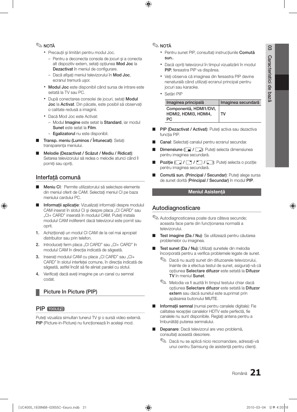Interfaţă comună, Autodiagnosticare | Samsung UE32C4000PW User Manual | Page 357 / 421