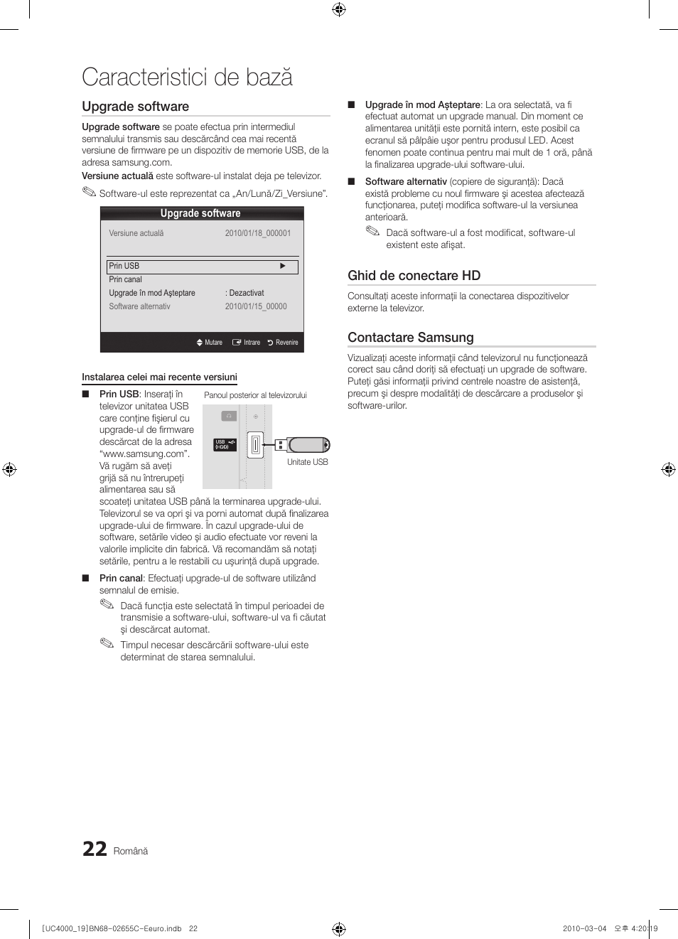 Caracteristici de bază, Upgrade software, Ghid de conectare hd | Contactare samsung | Samsung UE32C4000PW User Manual | Page 358 / 421
