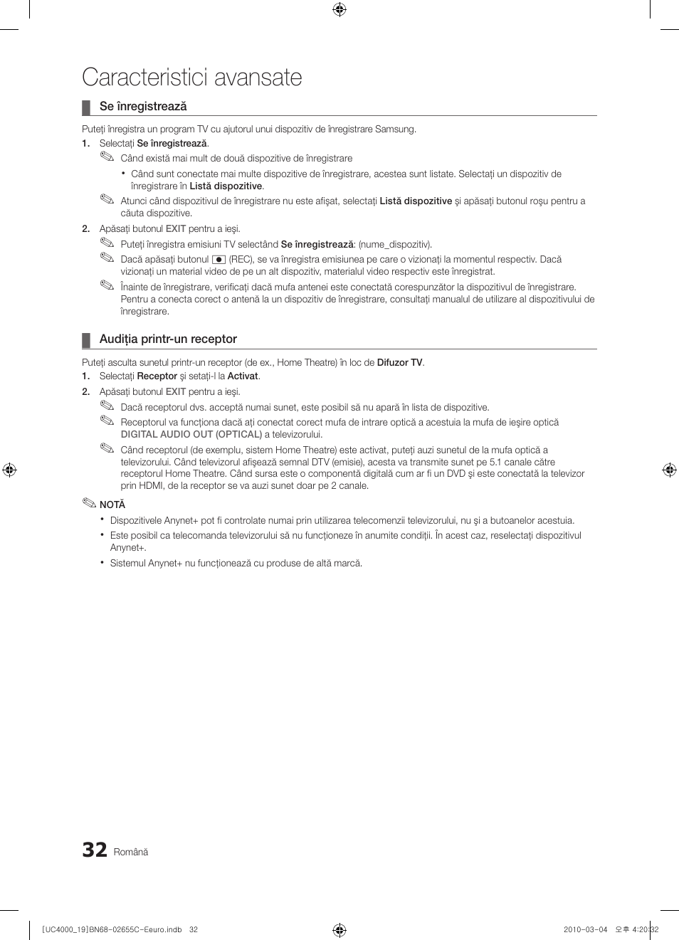 Caracteristici avansate | Samsung UE32C4000PW User Manual | Page 368 / 421