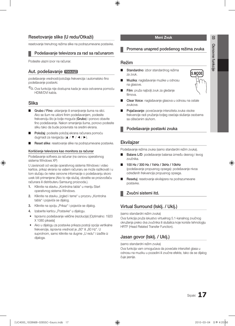 Resetovanje slike (u redu/otkaži), Aut. podešavanje, Slika | Režim, Ekvilajzer, Virtual surround (isklj. / uklj.), Jasan govor (isklj. / uklj.) | Samsung UE32C4000PW User Manual | Page 395 / 421