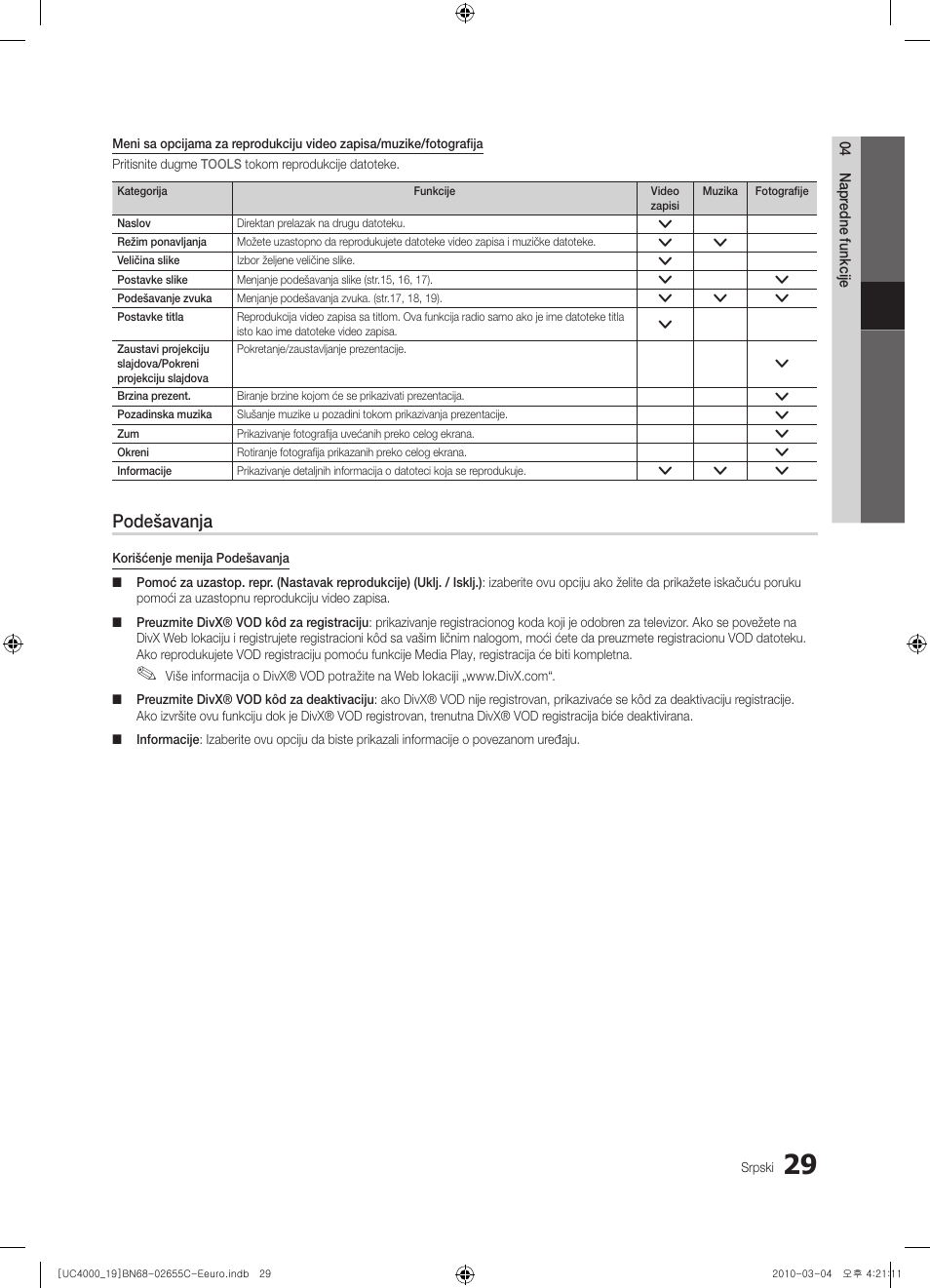 Podešavanja | Samsung UE32C4000PW User Manual | Page 407 / 421