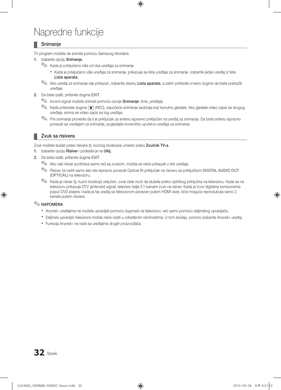 Napredne funkcije | Samsung UE32C4000PW User Manual | Page 410 / 421