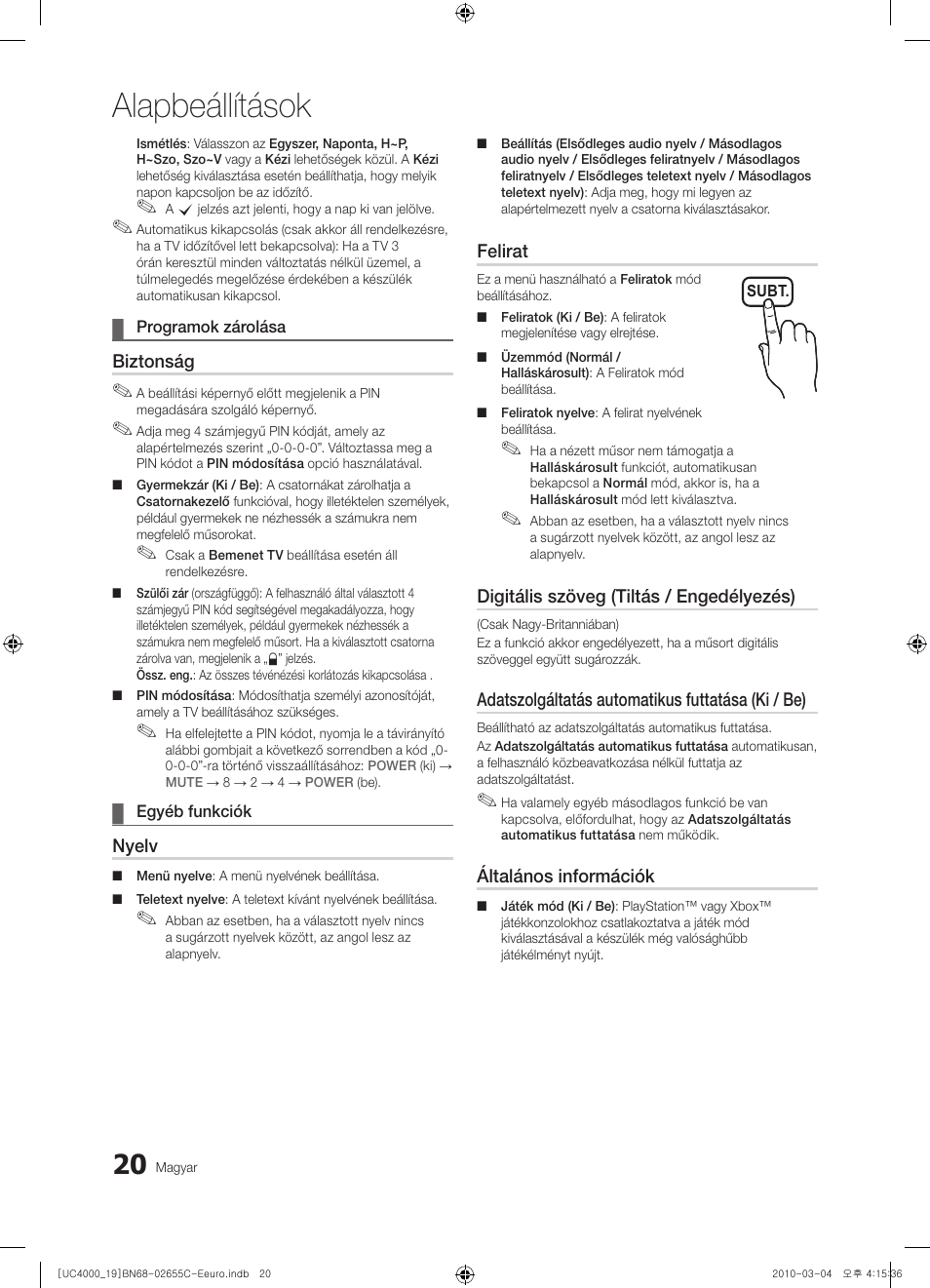 Alapbeállítások | Samsung UE32C4000PW User Manual | Page 62 / 421