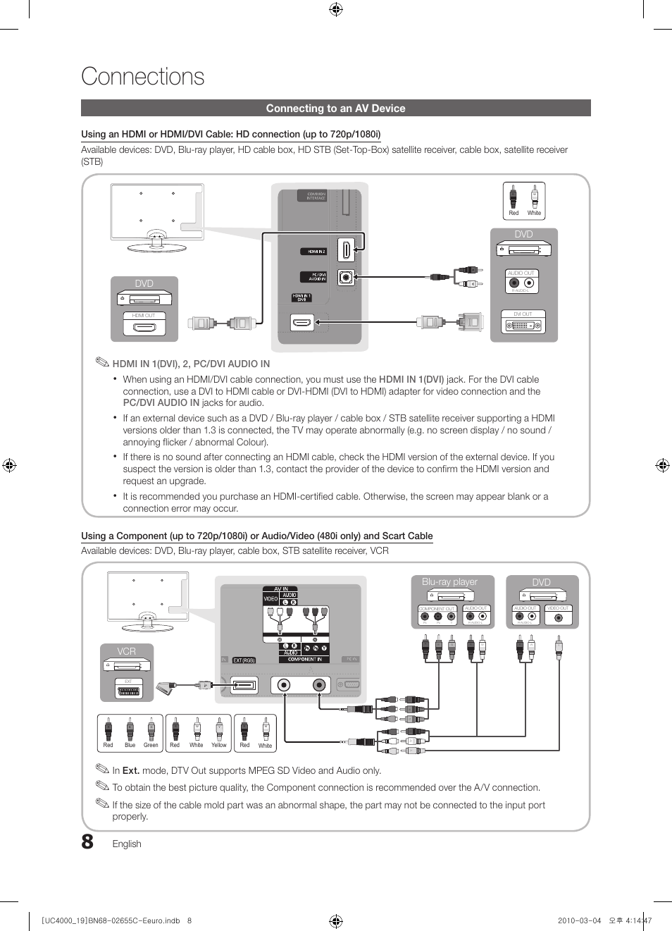 Connections, Connecting to an av device | Samsung UE32C4000PW User Manual | Page 8 / 421