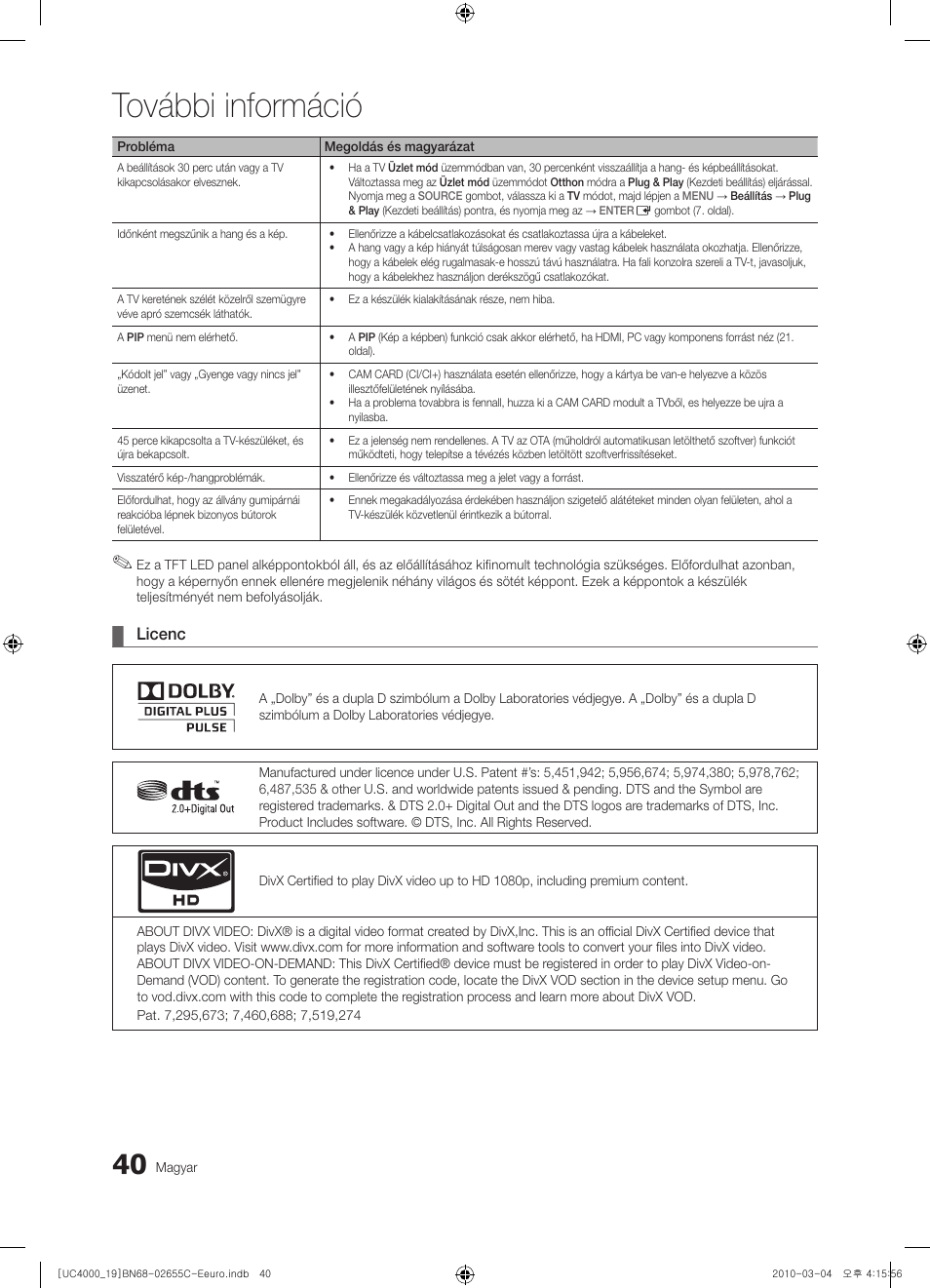 További információ, Licenc | Samsung UE32C4000PW User Manual | Page 82 / 421