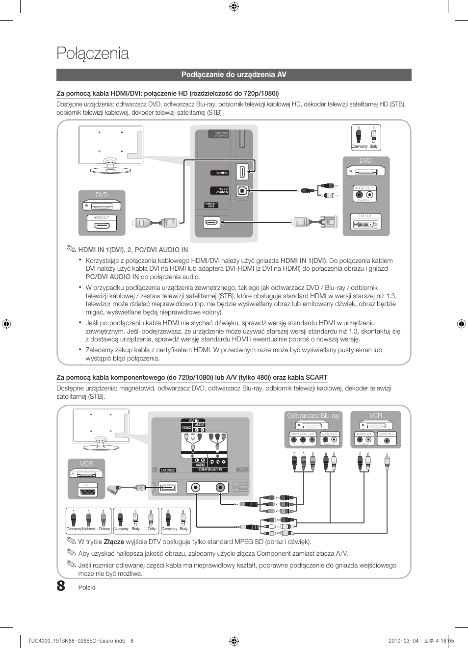 Połączenia, Podłączanie do urządzenia av | Samsung UE32C4000PW User Manual | Page 92 / 421
