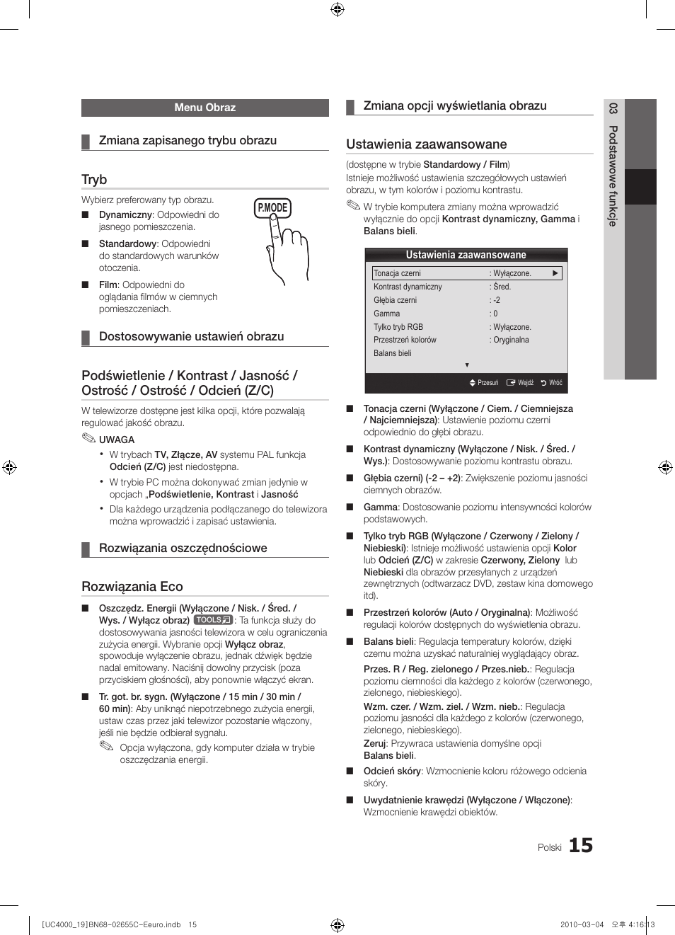 Tryb, Rozwiązania eco, Ustawienia zaawansowane | Samsung UE32C4000PW User Manual | Page 99 / 421