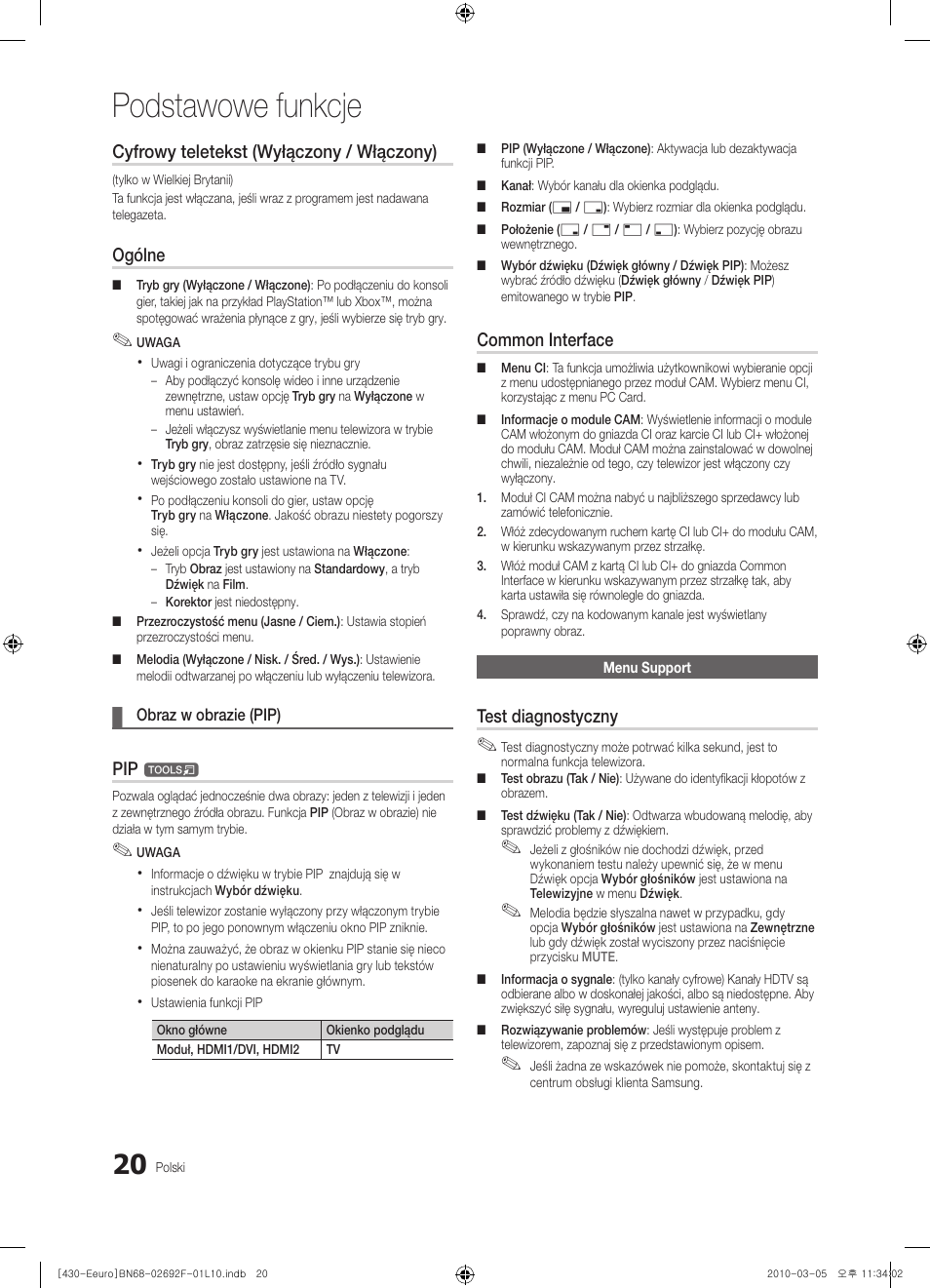 Podstawowe funkcje, Cyfrowy teletekst (wyłączony / włączony), Ogólne | Common interface, Test diagnostyczny | Samsung PS42C430A1W User Manual | Page 100 / 401