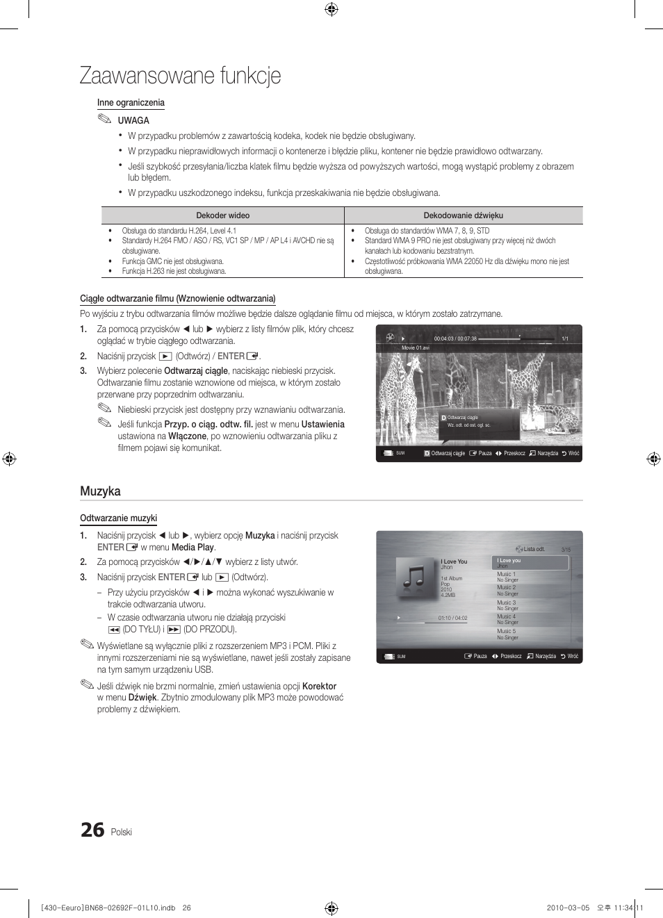 Zaawansowane funkcje, Muzyka | Samsung PS42C430A1W User Manual | Page 106 / 401