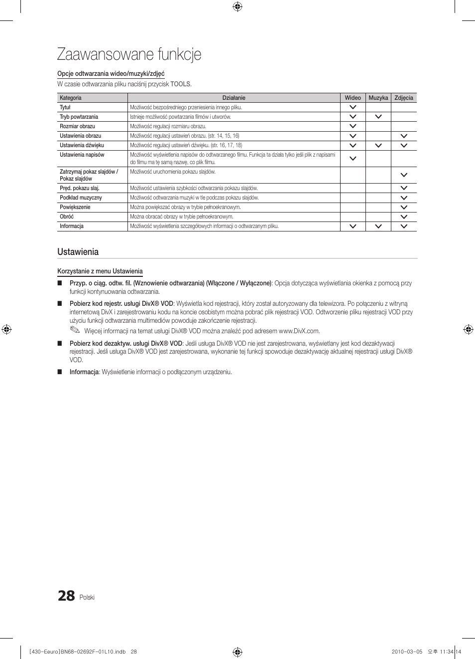 Zaawansowane funkcje, Ustawienia | Samsung PS42C430A1W User Manual | Page 108 / 401