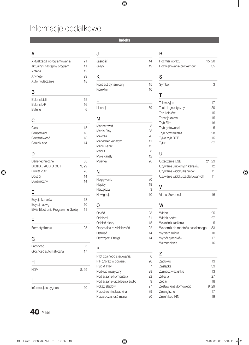 Informacje dodatkowe | Samsung PS42C430A1W User Manual | Page 120 / 401