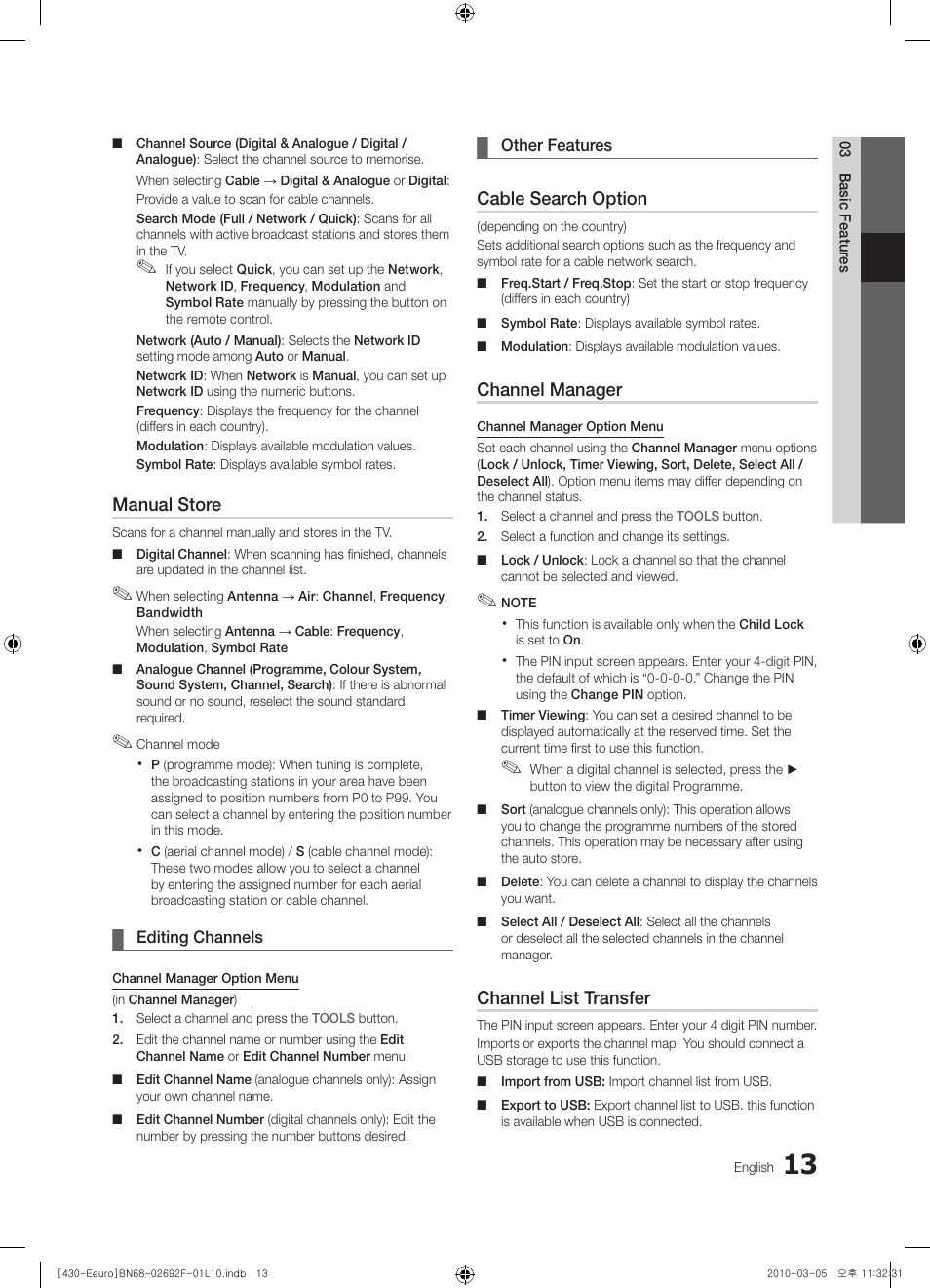 Manual store, Cable search option, Channel manager | Channel list transfer | Samsung PS42C430A1W User Manual | Page 13 / 401