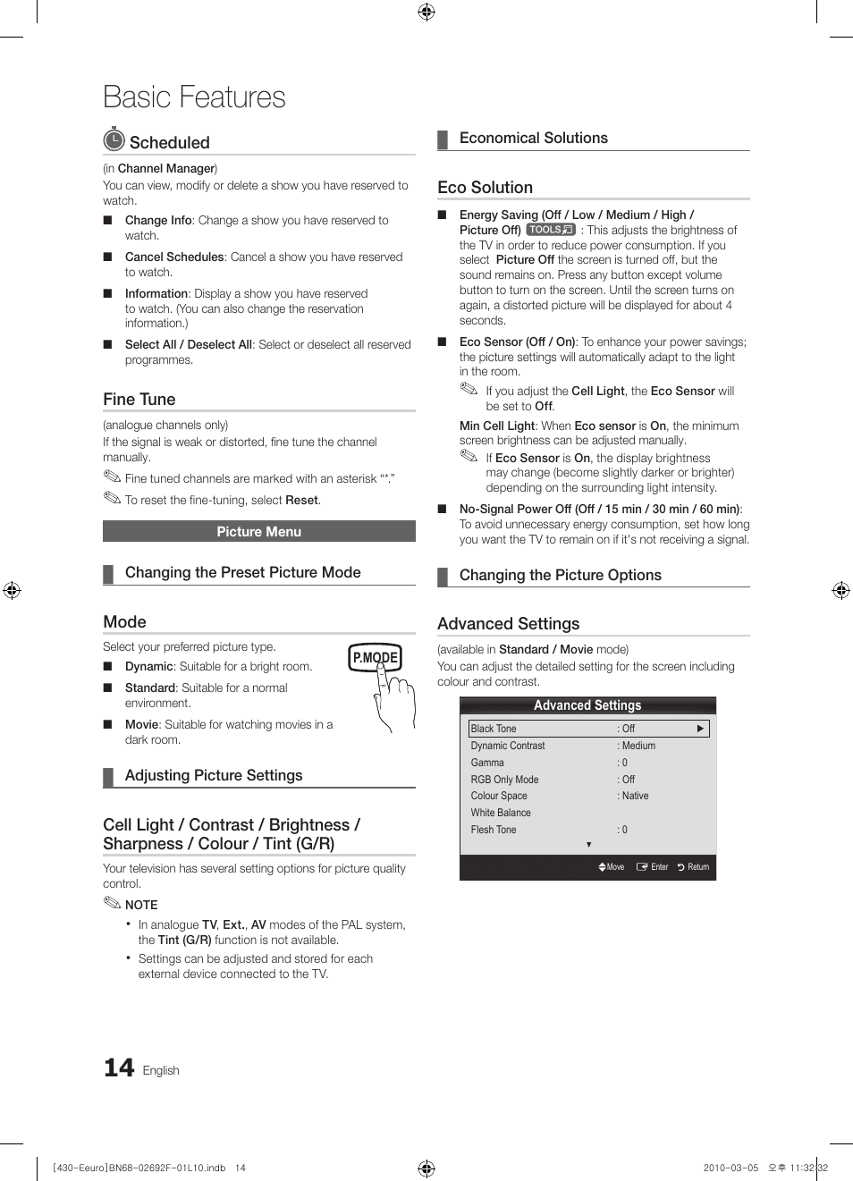 Basic features, Scheduled, Fine tune | Mode, Eco solution, Advanced settings | Samsung PS42C430A1W User Manual | Page 14 / 401