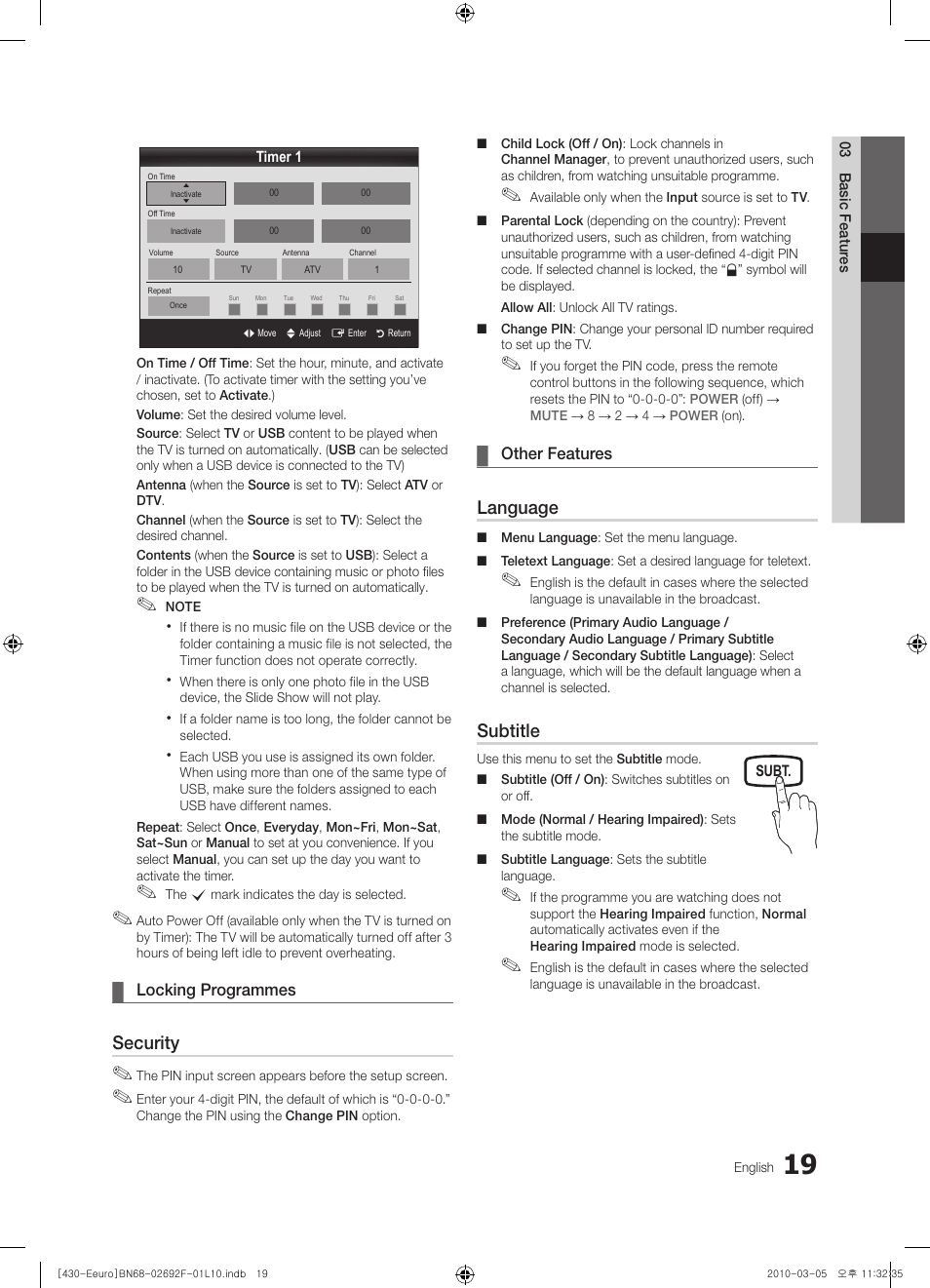 Security, Language, Subtitle | Samsung PS42C430A1W User Manual | Page 19 / 401