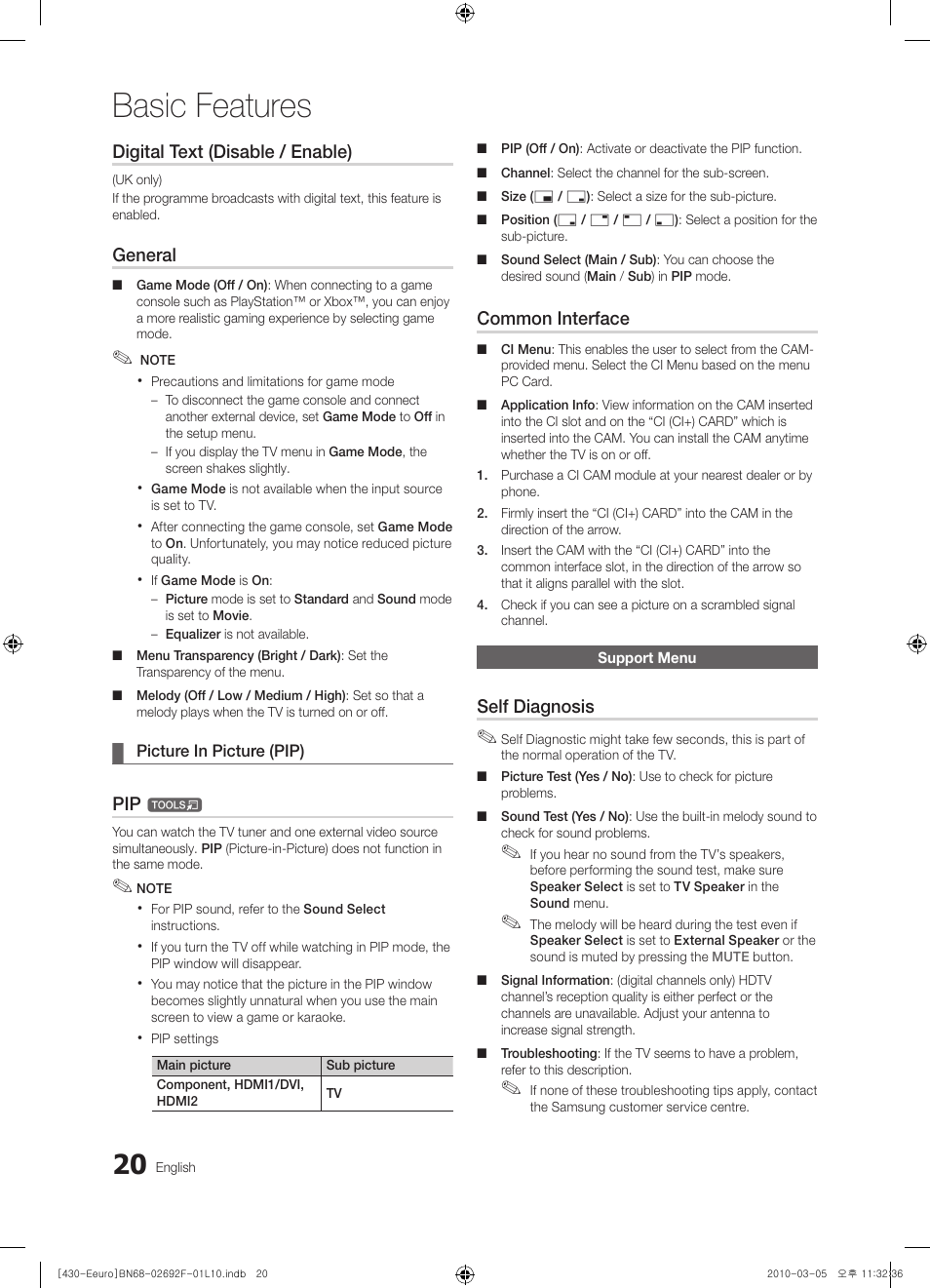 Basic features, Digital text (disable / enable), General | Common interface, Self diagnosis | Samsung PS42C430A1W User Manual | Page 20 / 401