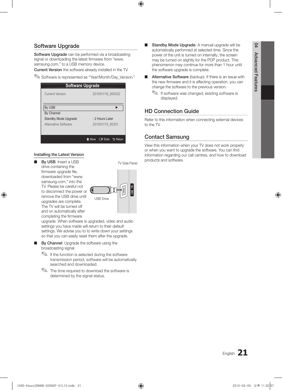 Software upgrade, Hd connection guide, Contact samsung | Samsung PS42C430A1W User Manual | Page 21 / 401