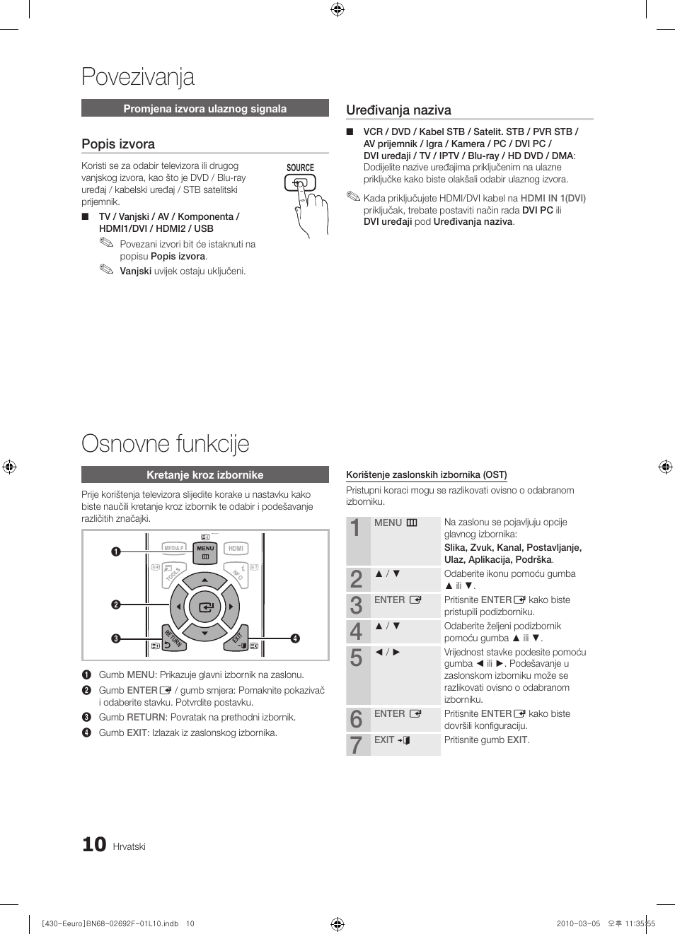 Povezivanja osnovne funkcije, Popis izvora, Uređivanja naziva | Samsung PS42C430A1W User Manual | Page 210 / 401