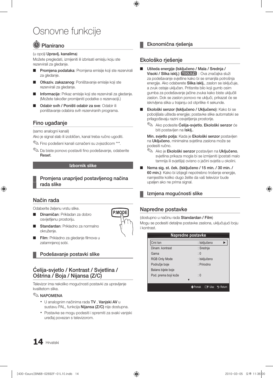 Osnovne funkcije, Planirano, Fino ugađanje | Način rada, Ekološko rješenje, Napredne postavke | Samsung PS42C430A1W User Manual | Page 214 / 401