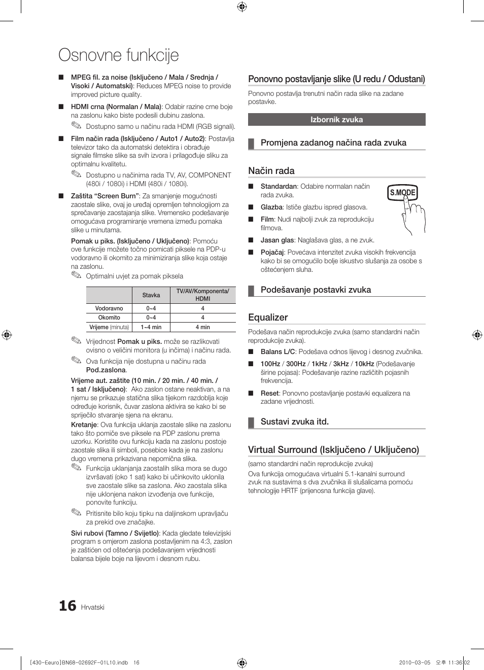 Osnovne funkcije, Ponovno postavljanje slike (u redu / odustani), Način rada | Equalizer, Virtual surround (isključeno / uključeno) | Samsung PS42C430A1W User Manual | Page 216 / 401