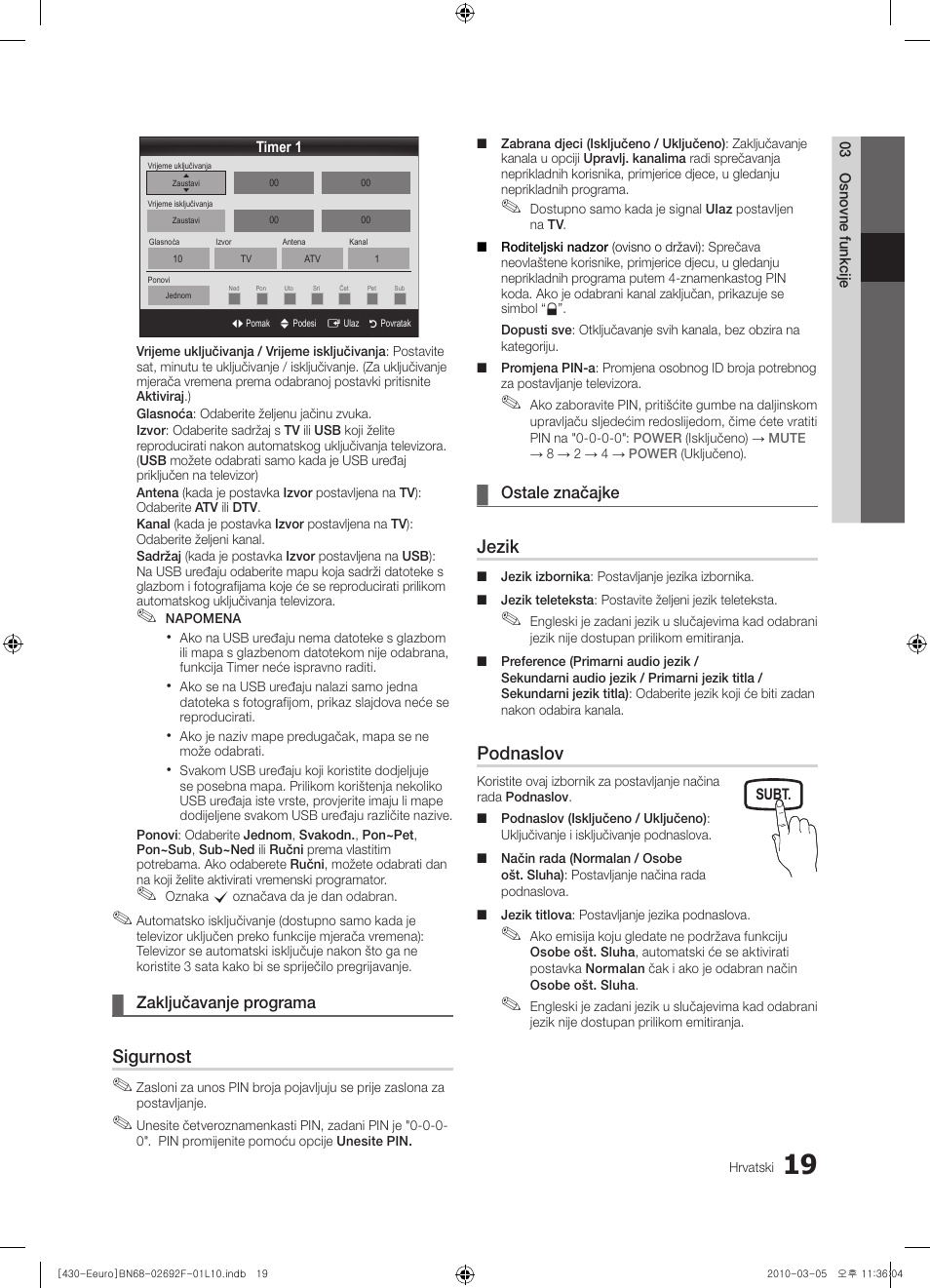 Sigurnost, Jezik, Podnaslov | Samsung PS42C430A1W User Manual | Page 219 / 401