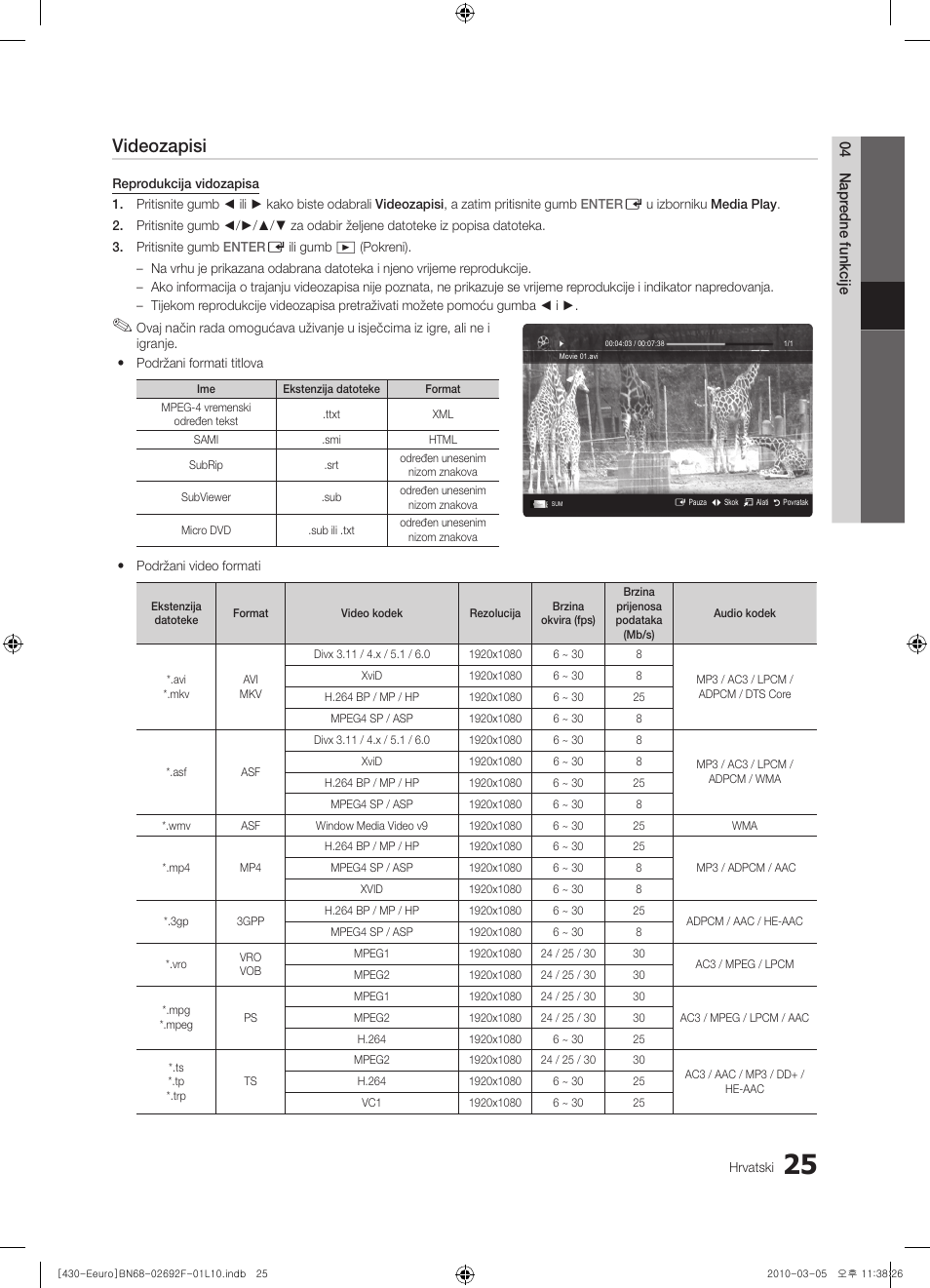 Videozapisi | Samsung PS42C430A1W User Manual | Page 225 / 401