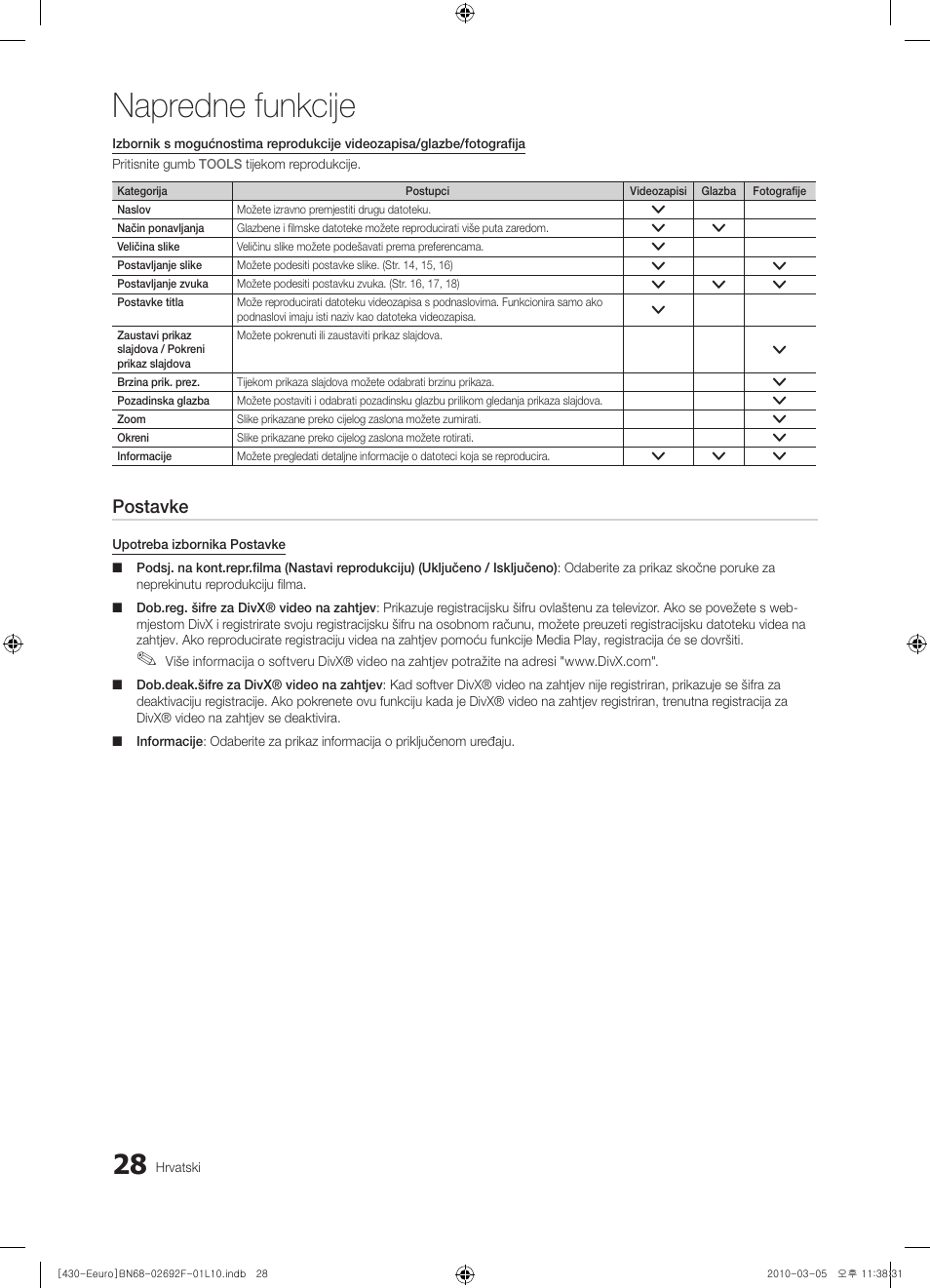 Napredne funkcije, Postavke | Samsung PS42C430A1W User Manual | Page 228 / 401