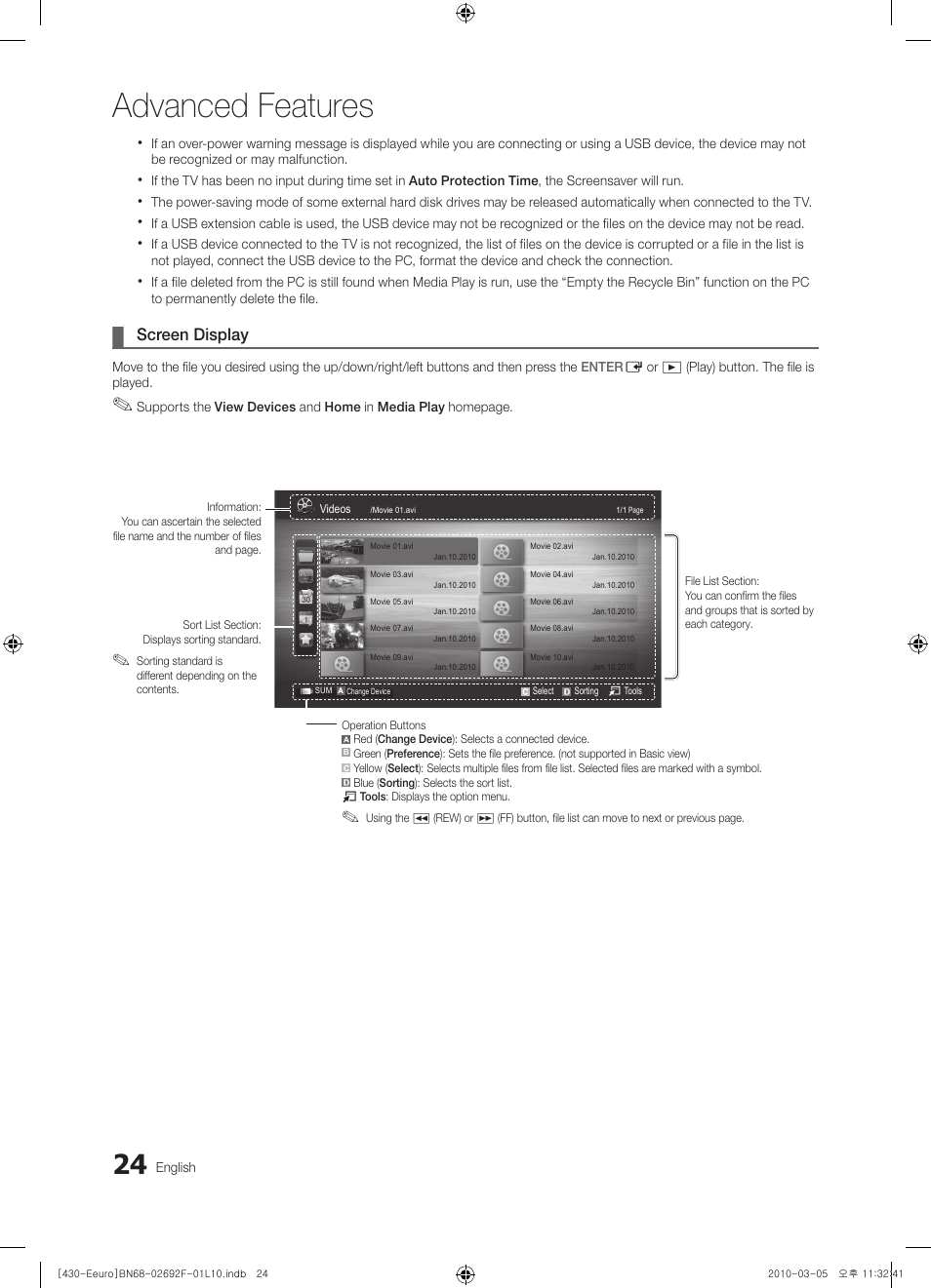 Advanced features, Screen display | Samsung PS42C430A1W User Manual | Page 24 / 401