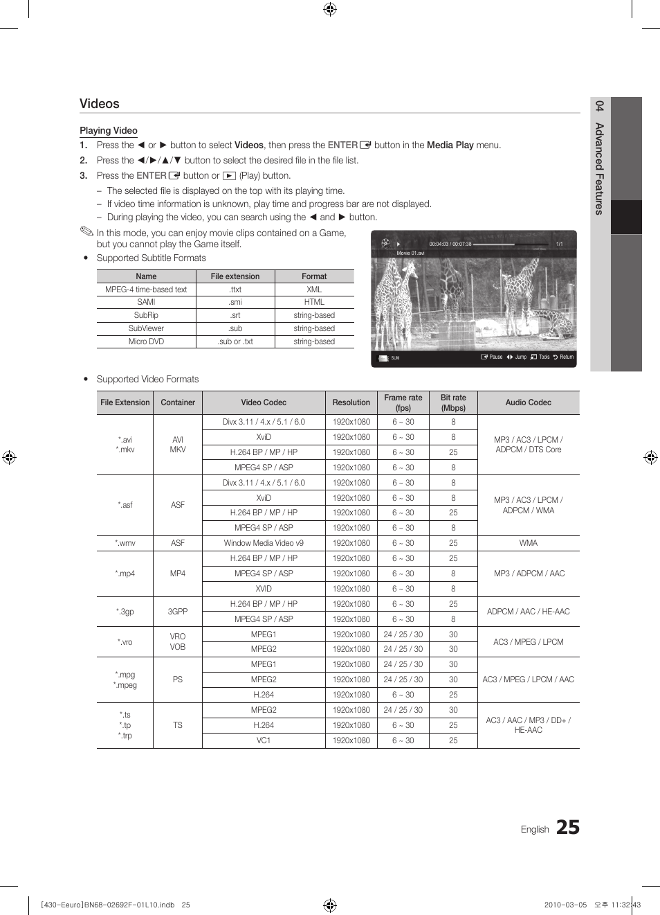 Videos | Samsung PS42C430A1W User Manual | Page 25 / 401