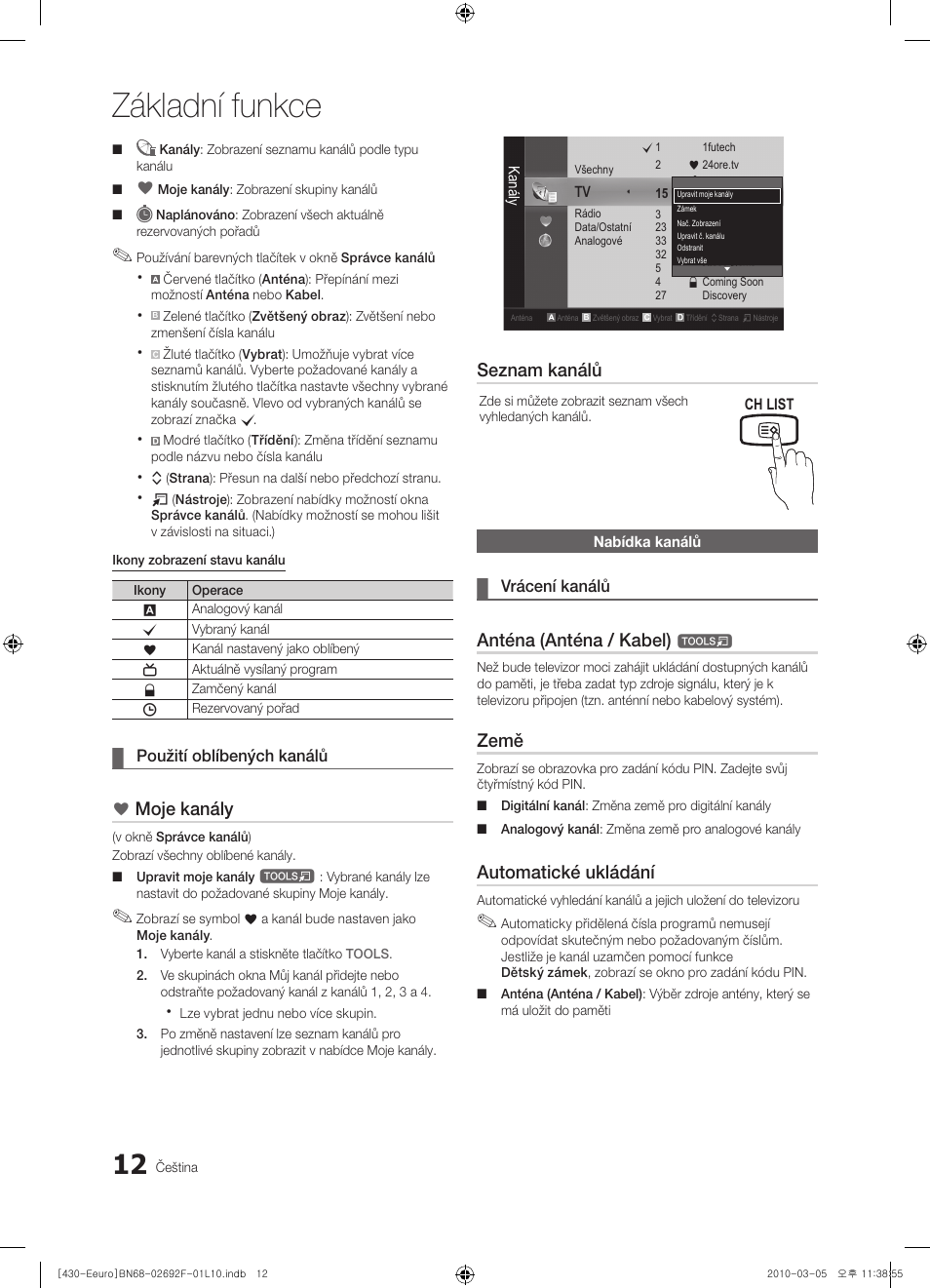 Základní funkce, Moje kanály, Seznam kanálů | Anténa (anténa / kabel), Země, Automatické ukládání | Samsung PS42C430A1W User Manual | Page 252 / 401