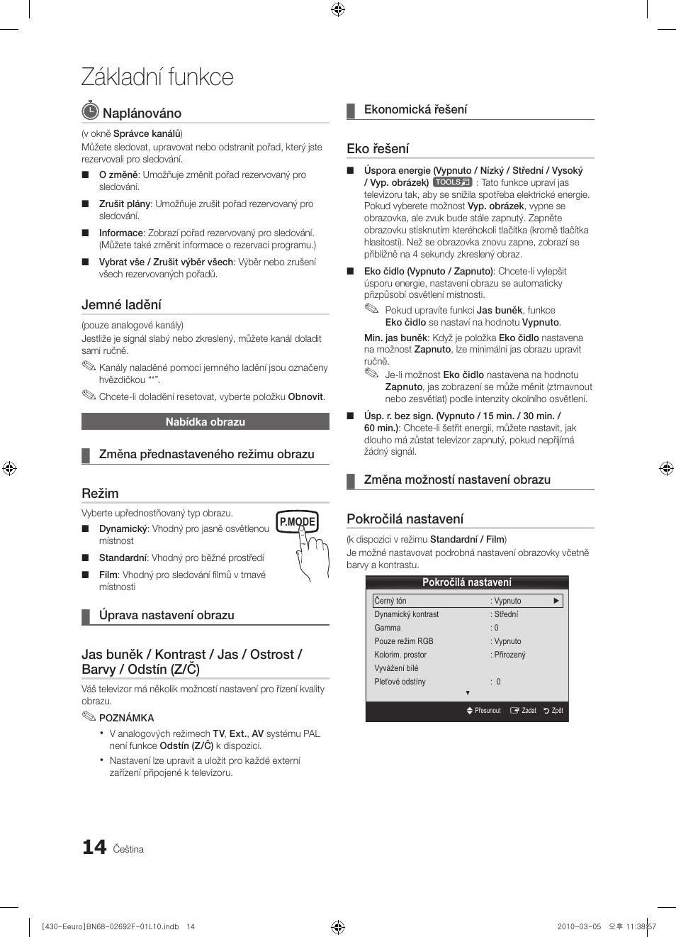 Základní funkce, Naplánováno, Jemné ladění | Režim, Eko řešení, Pokročilá nastavení | Samsung PS42C430A1W User Manual | Page 254 / 401