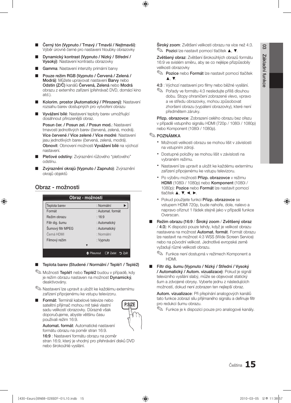 Obraz - možnosti | Samsung PS42C430A1W User Manual | Page 255 / 401