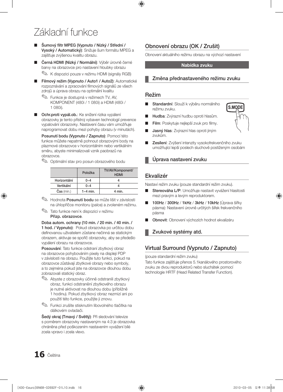 Základní funkce, Obnovení obrazu (ok / zrušit), Režim | Ekvalizér, Virtual surround (vypnuto / zapnuto) | Samsung PS42C430A1W User Manual | Page 256 / 401