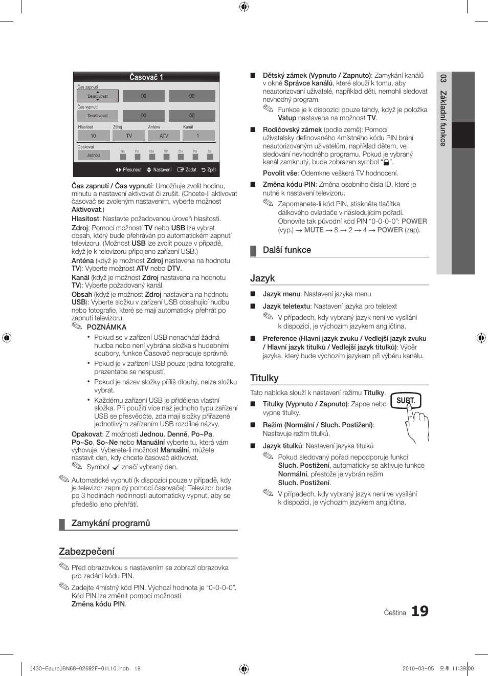 Zabezpečení, Jazyk, Titulky | Samsung PS42C430A1W User Manual | Page 259 / 401