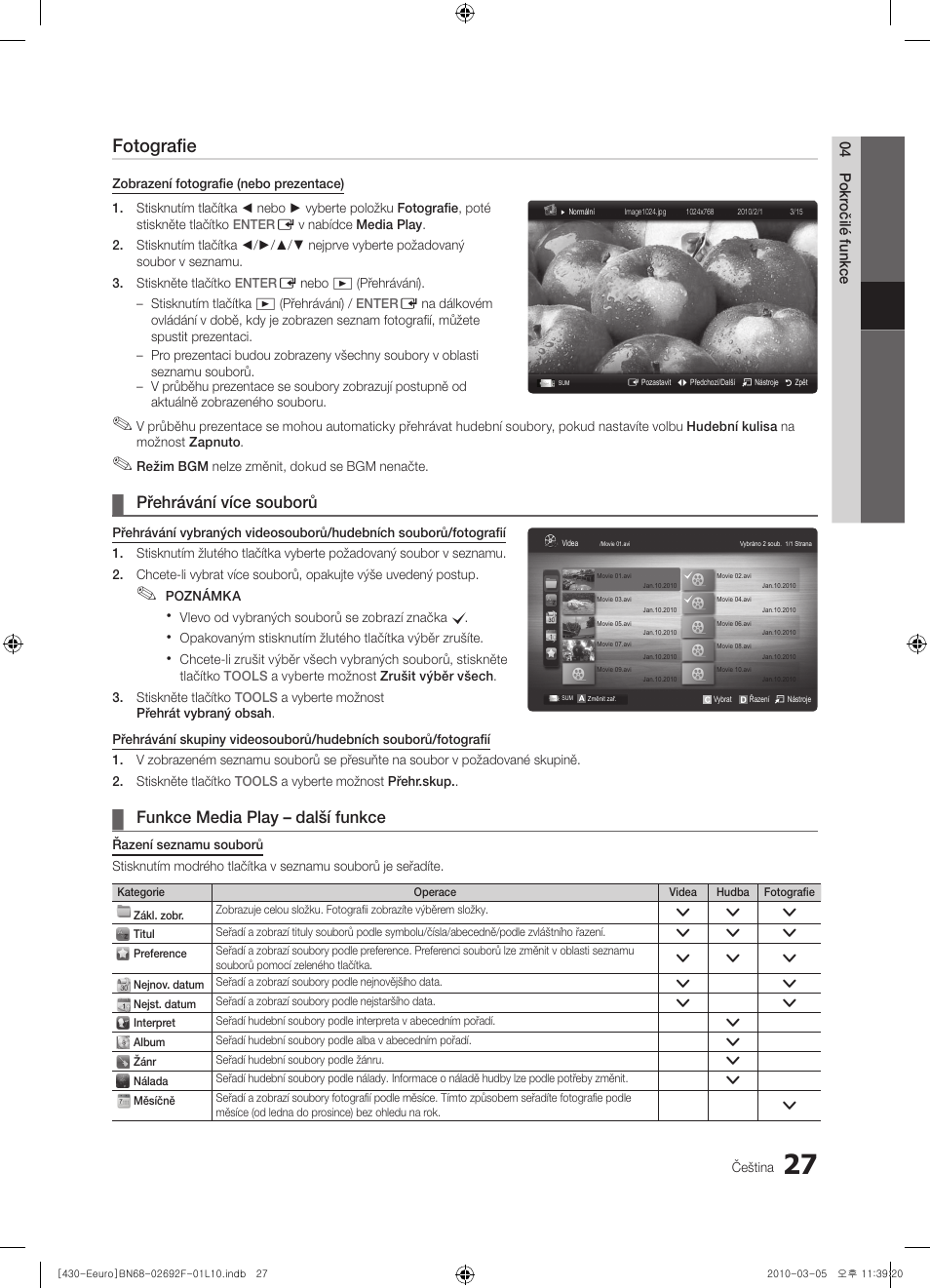 Fotografie, Přehrávání více souborů, Funkce media play – další funkce | Samsung PS42C430A1W User Manual | Page 267 / 401