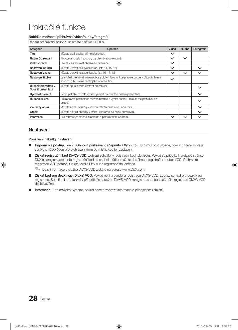 Pokročilé funkce, Nastavení | Samsung PS42C430A1W User Manual | Page 268 / 401