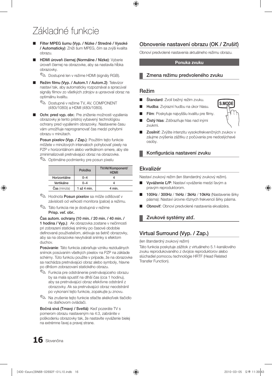 Základné funkcie, Obnovenie nastavení obrazu (ok / zrušiť), Režim | Ekvalizér, Virtual surround (vyp. / zap.) | Samsung PS42C430A1W User Manual | Page 296 / 401