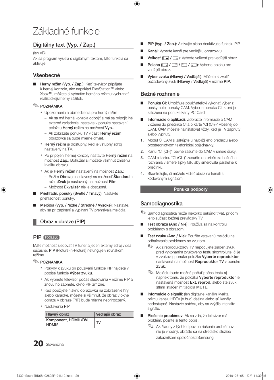 Základné funkcie, Digitálny text (vyp. / zap.), Všeobecné | Bežné rozhranie, Samodiagnostika | Samsung PS42C430A1W User Manual | Page 300 / 401