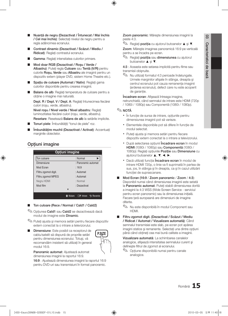 Opţiuni imagine | Samsung PS42C430A1W User Manual | Page 335 / 401