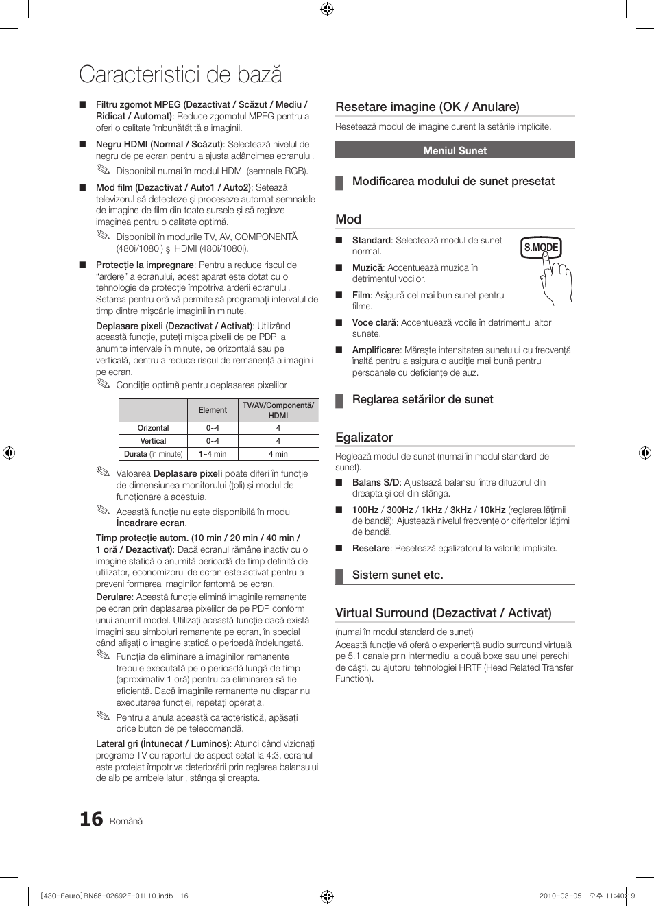 Caracteristici de bază, Resetare imagine (ok / anulare), Egalizator | Virtual surround (dezactivat / activat) | Samsung PS42C430A1W User Manual | Page 336 / 401