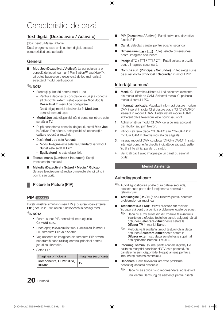 Caracteristici de bază, Text digital (dezactivare / activare), General | Interfaţă comună, Autodiagnosticare | Samsung PS42C430A1W User Manual | Page 340 / 401