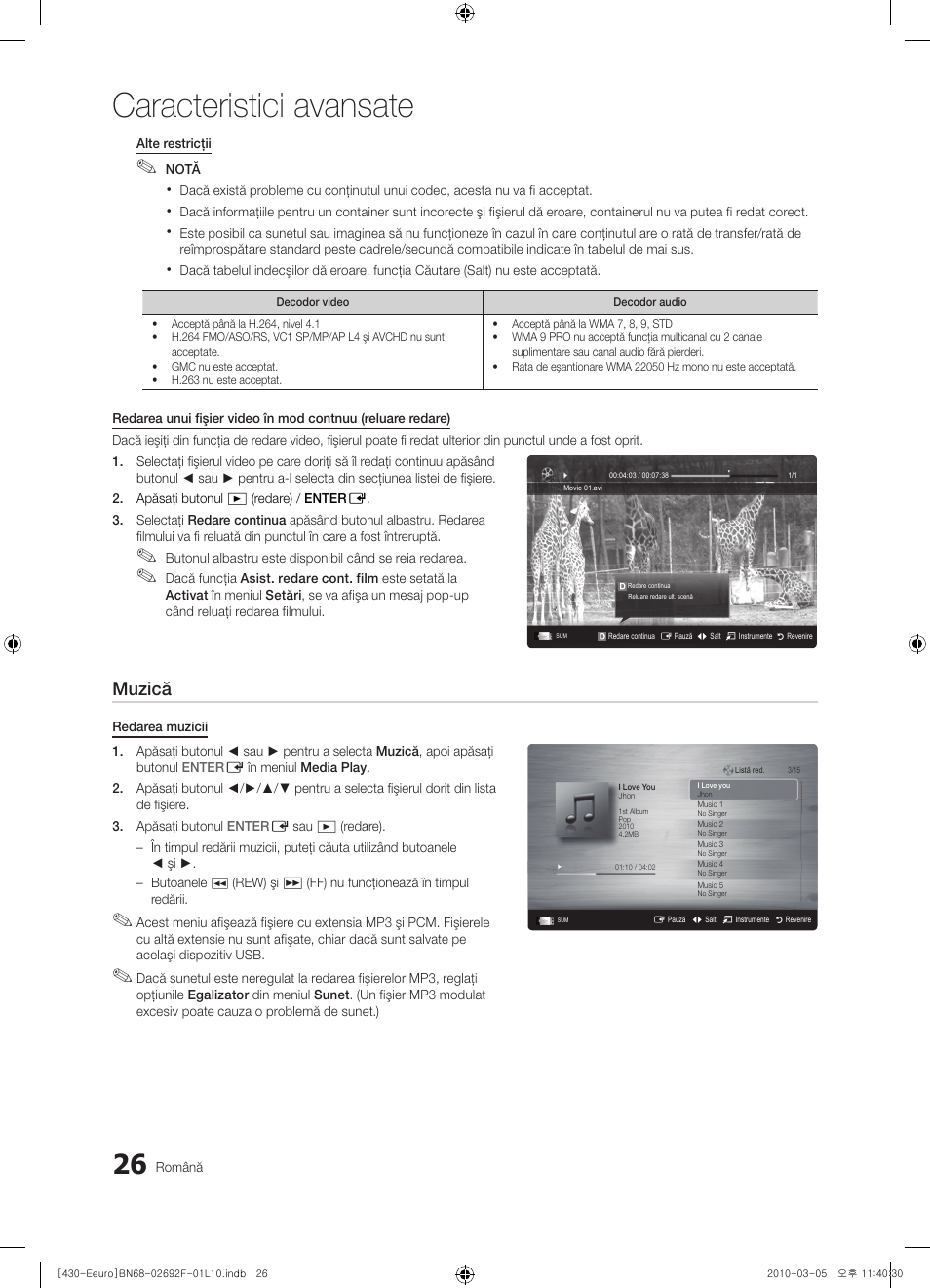 Caracteristici avansate, Muzică | Samsung PS42C430A1W User Manual | Page 346 / 401